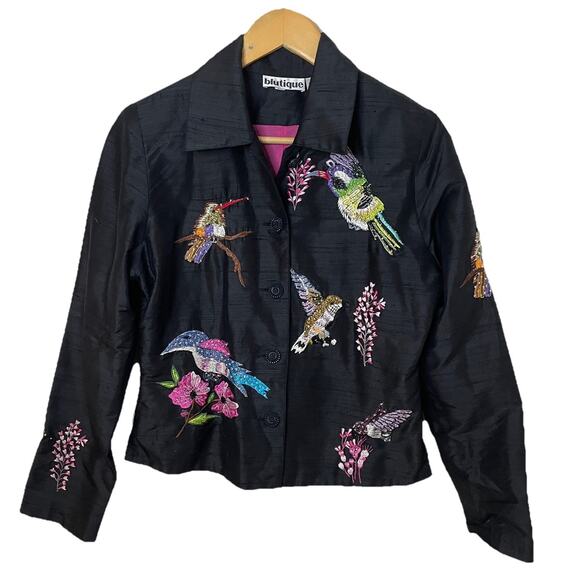 VTG 80s Blutique Black 100% Silk Jacket Multicolor Embroidered Birds Birding XS - Picture 7 of 15